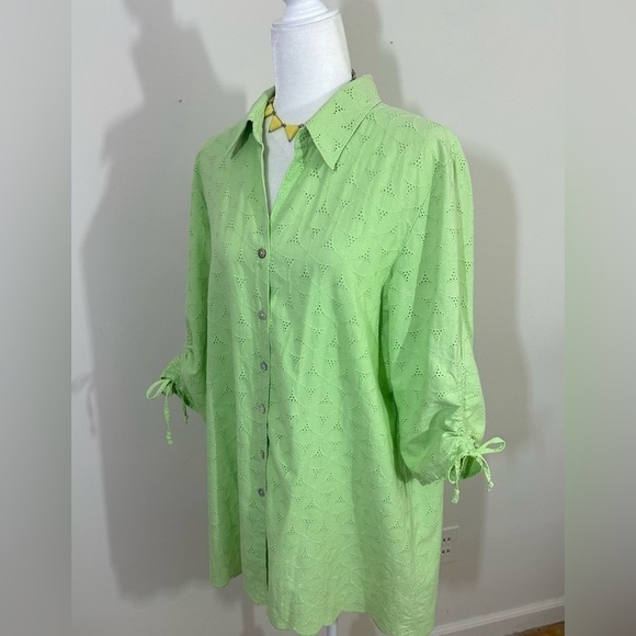 Susan Graver Style sz XL tunic button down eyelet lime green - Picture 1 of 12